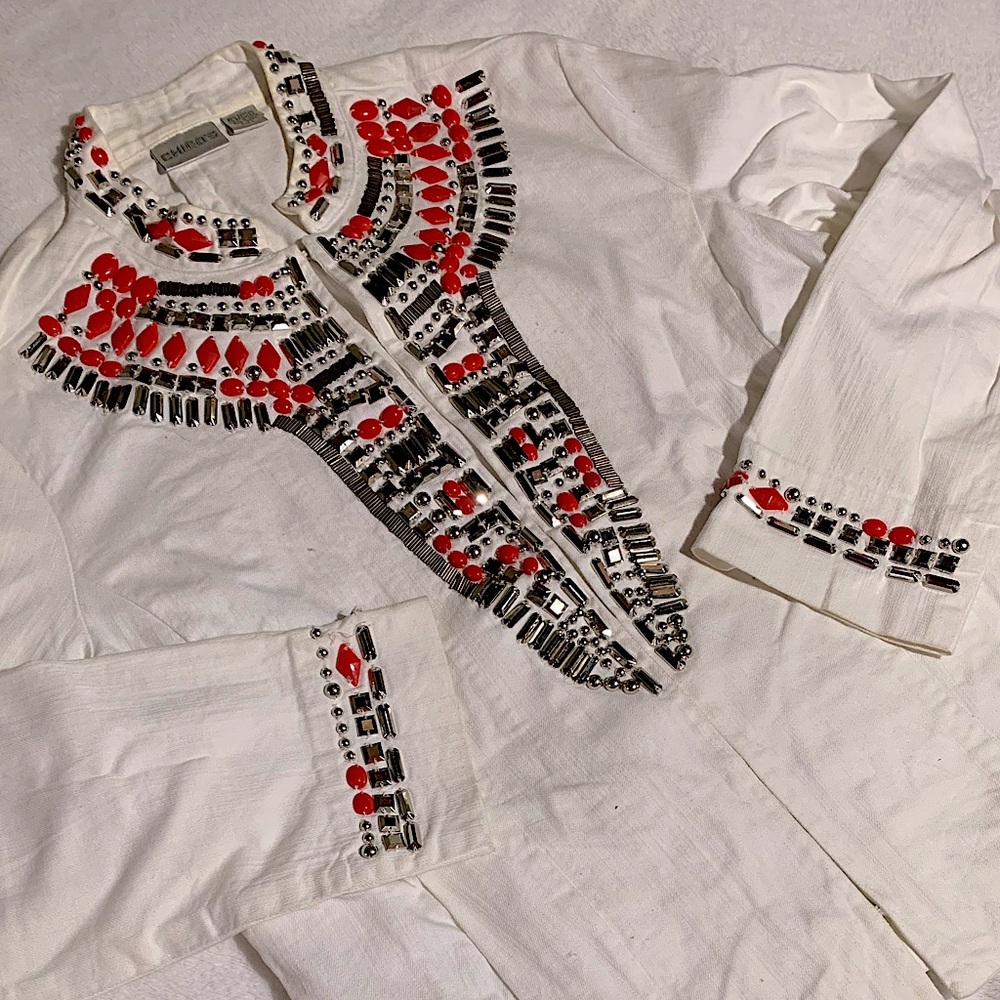 Chico’s Red And Silver Beaded Statement Jacket 2 - image 4